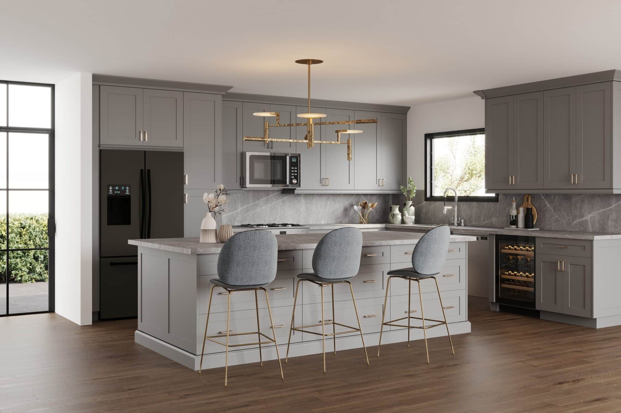 Adornus dark grey kitchen cabinets with light grey kitchen island