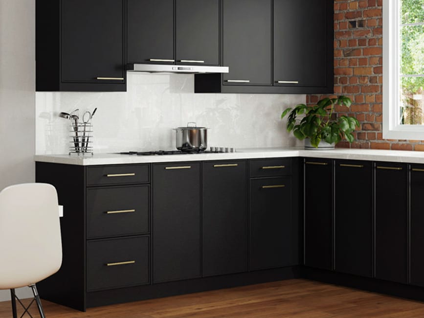 Black kitchen design with white countertop
