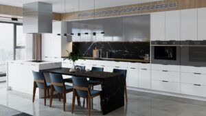 Fabuwood White Contemporary kitchen cabinets with black countertop
