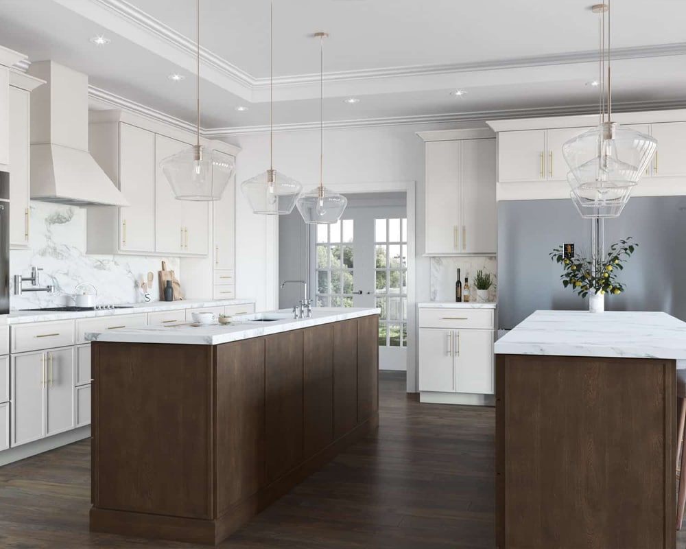 Fabuwood Kitchen Design with white kitchen cabinets and countertop, and brown kitchen island