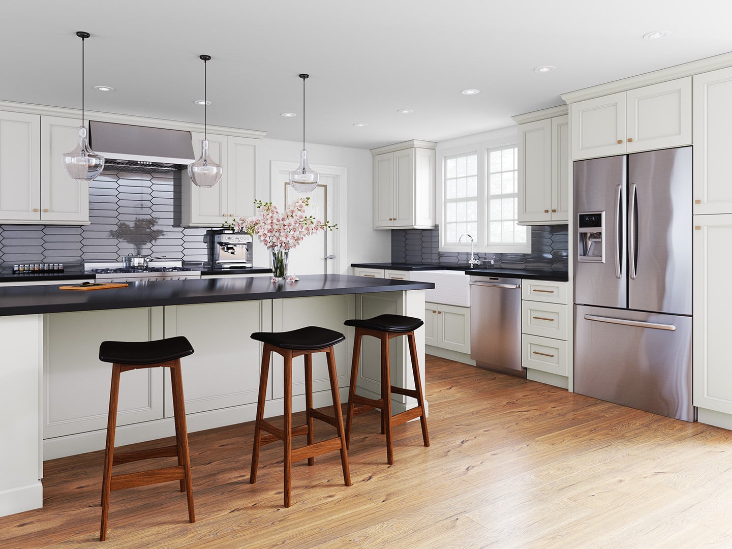 Forevermark white kitchen cabinets with black countertops