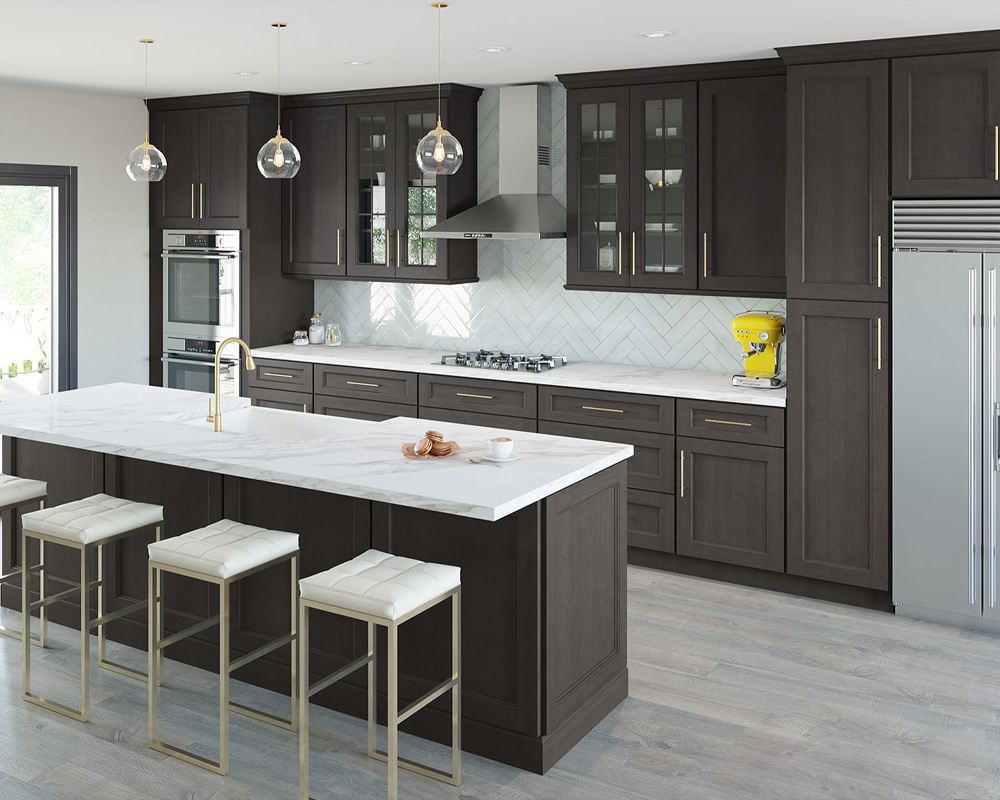 Dark grey kitchen cabinet design on light gray flooring and white countertop
