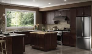CNC Espresso Traditional kitchen cabinets with beige countertops