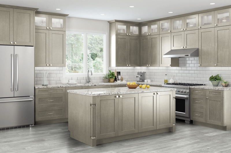 Transitional Kitchen style with white countertop on beige cabinets
