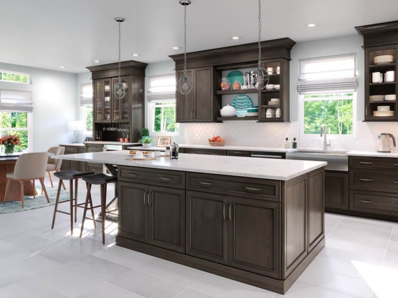 Waypoint dark brown kitchen cabinets with white countertops