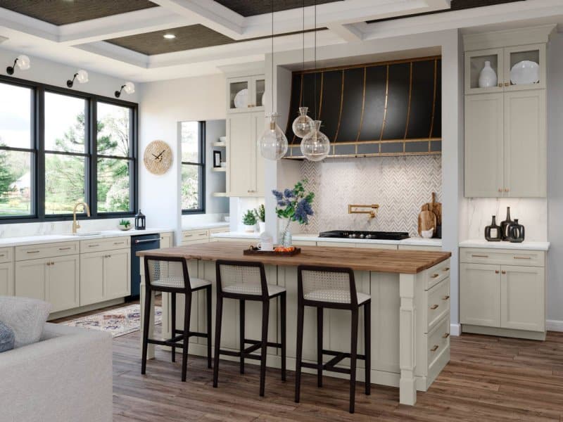 Waypoint cream kitchen cabinets with white countertop and wood kitchen island top