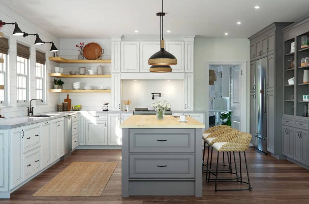 Waypoint Kitchen Cabinet featuring white and grey colored cabinets and cream countertop