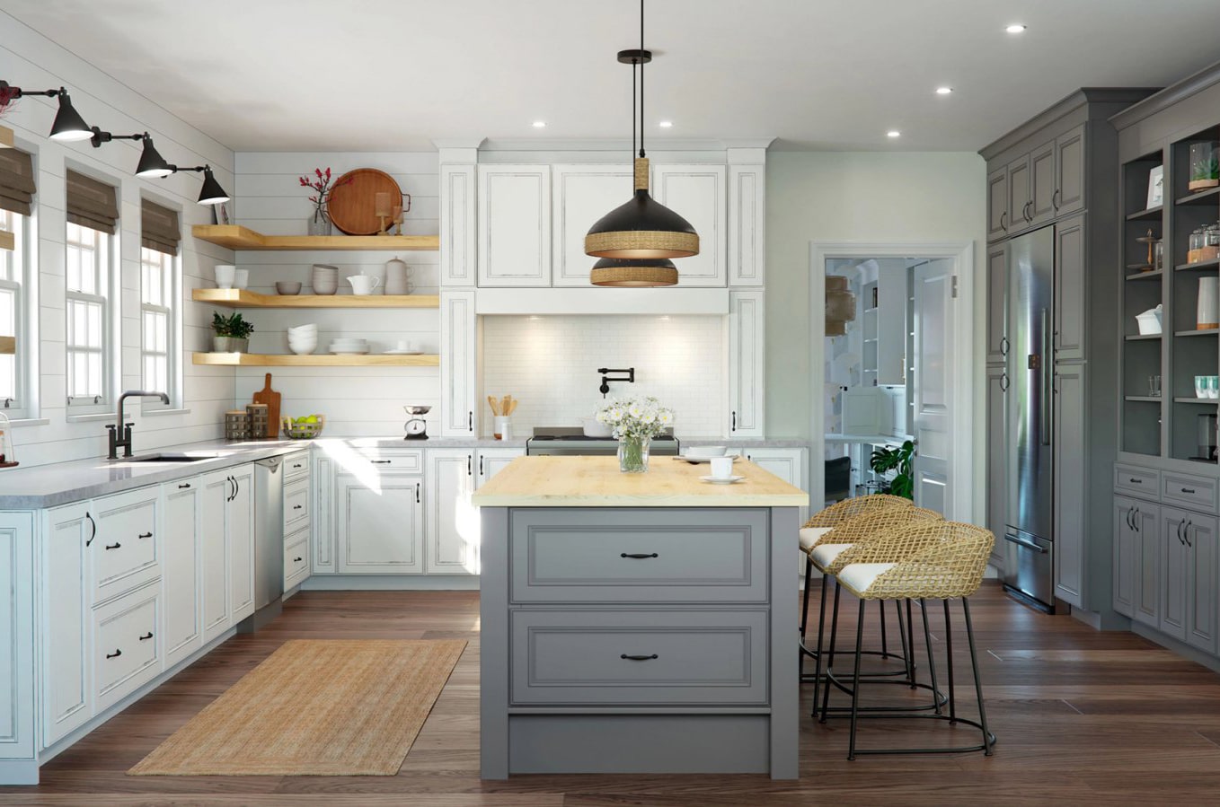 Waypoint Kitchen Cabinet featuring white and grey colored cabinets and cream countertop