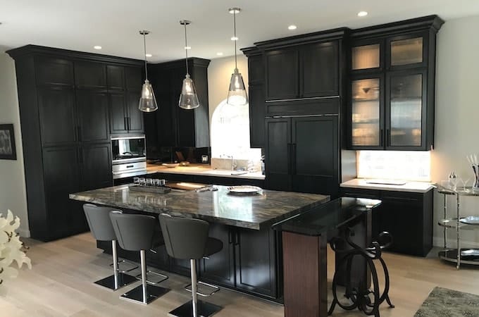 Wolf black kitchen cabinets with quartz countertop