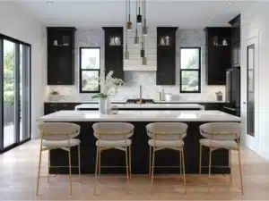 Waypoint black modern kitchen cabinet with white countertops