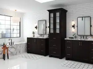 Spacious bathroom with glass-front bathroom cabinets