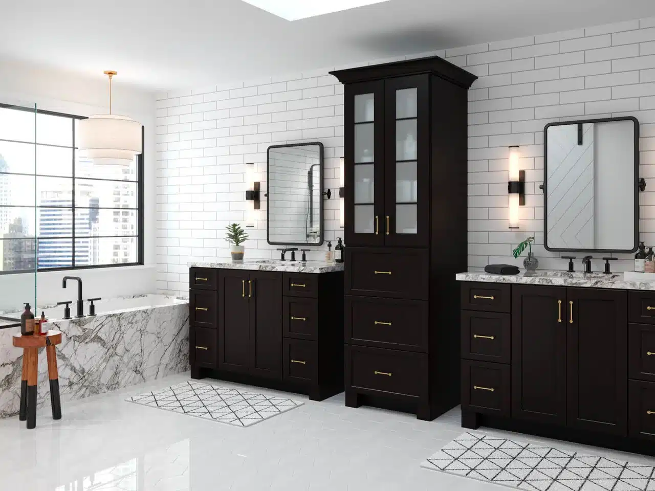 Spacious white bathroom with dark brown cabinets and bath tub