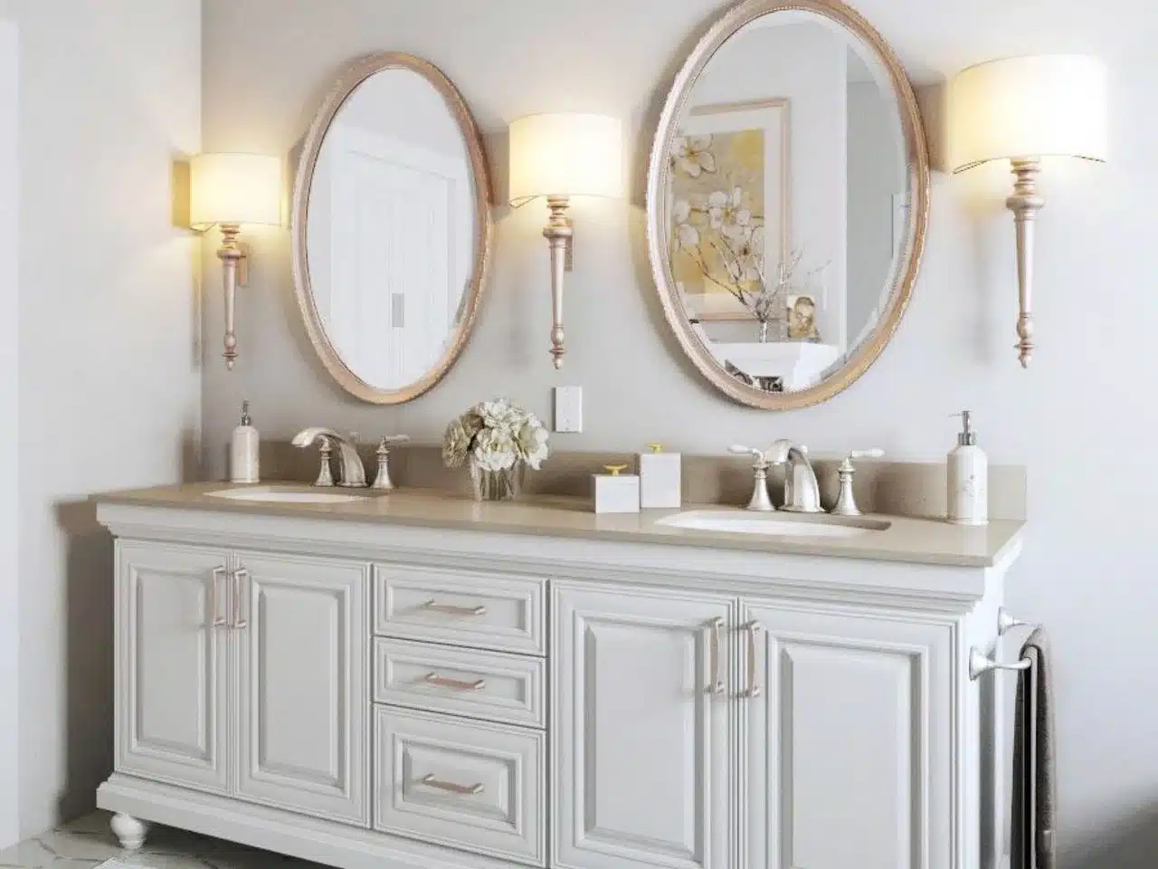 White bathroom with double sink transitional cabinets