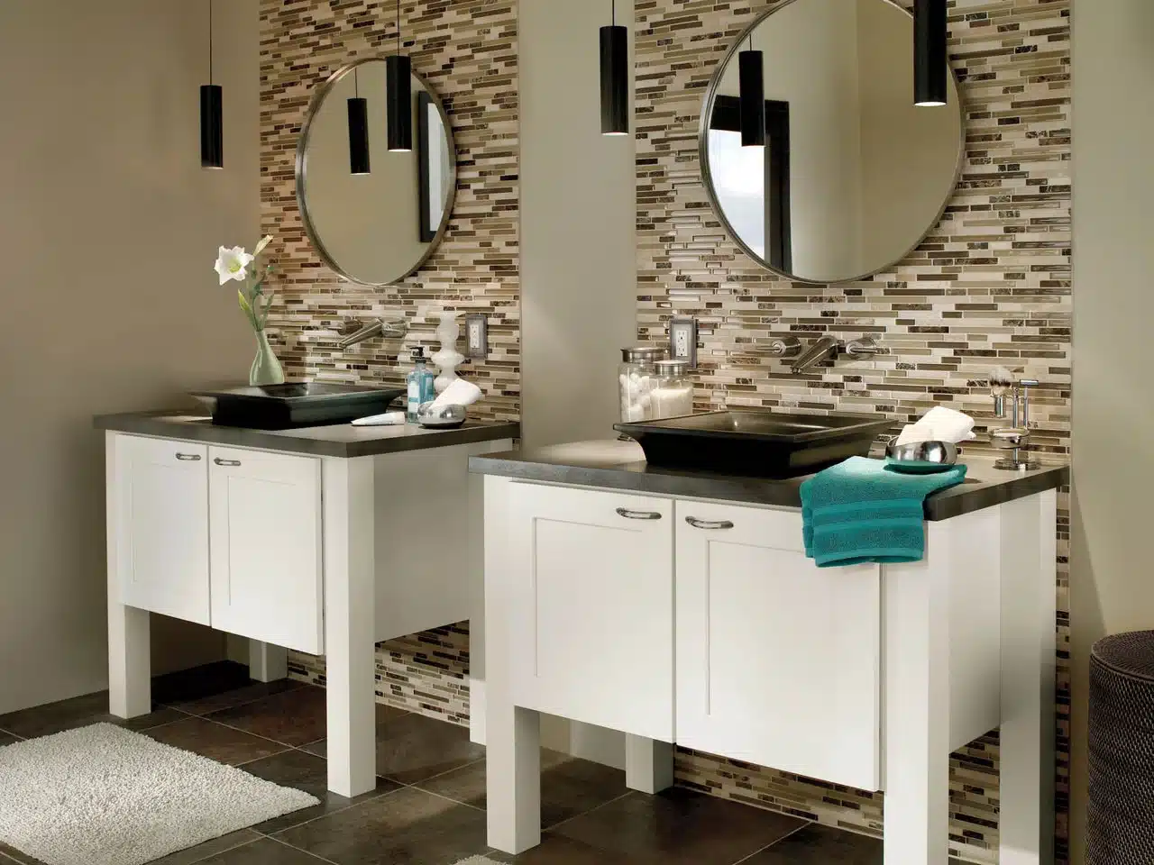 White bathroom with two free-standing vessel sink vanities