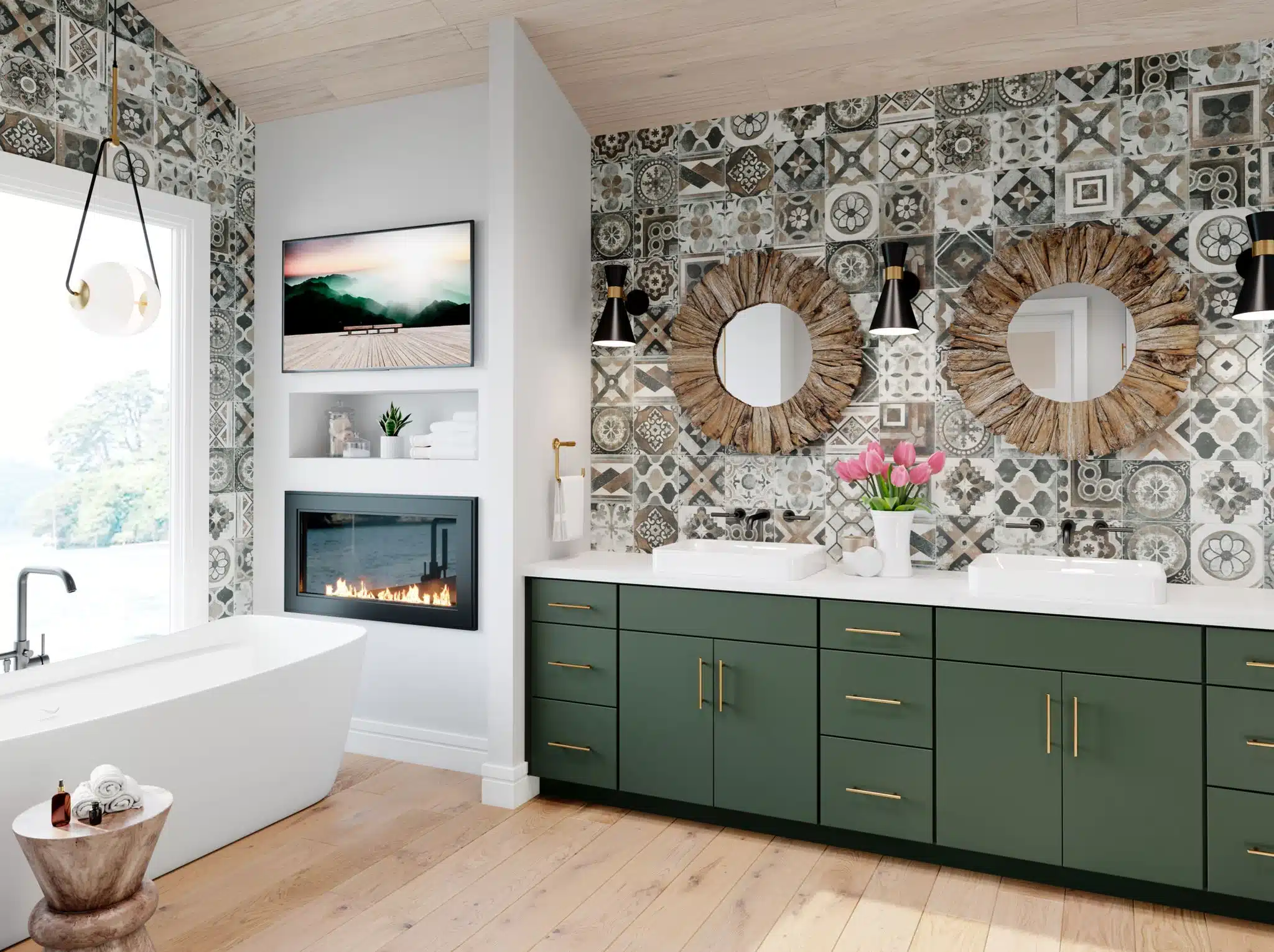 Contemporary Bathroom Cabinet Style in sage green cabinet and white countertop