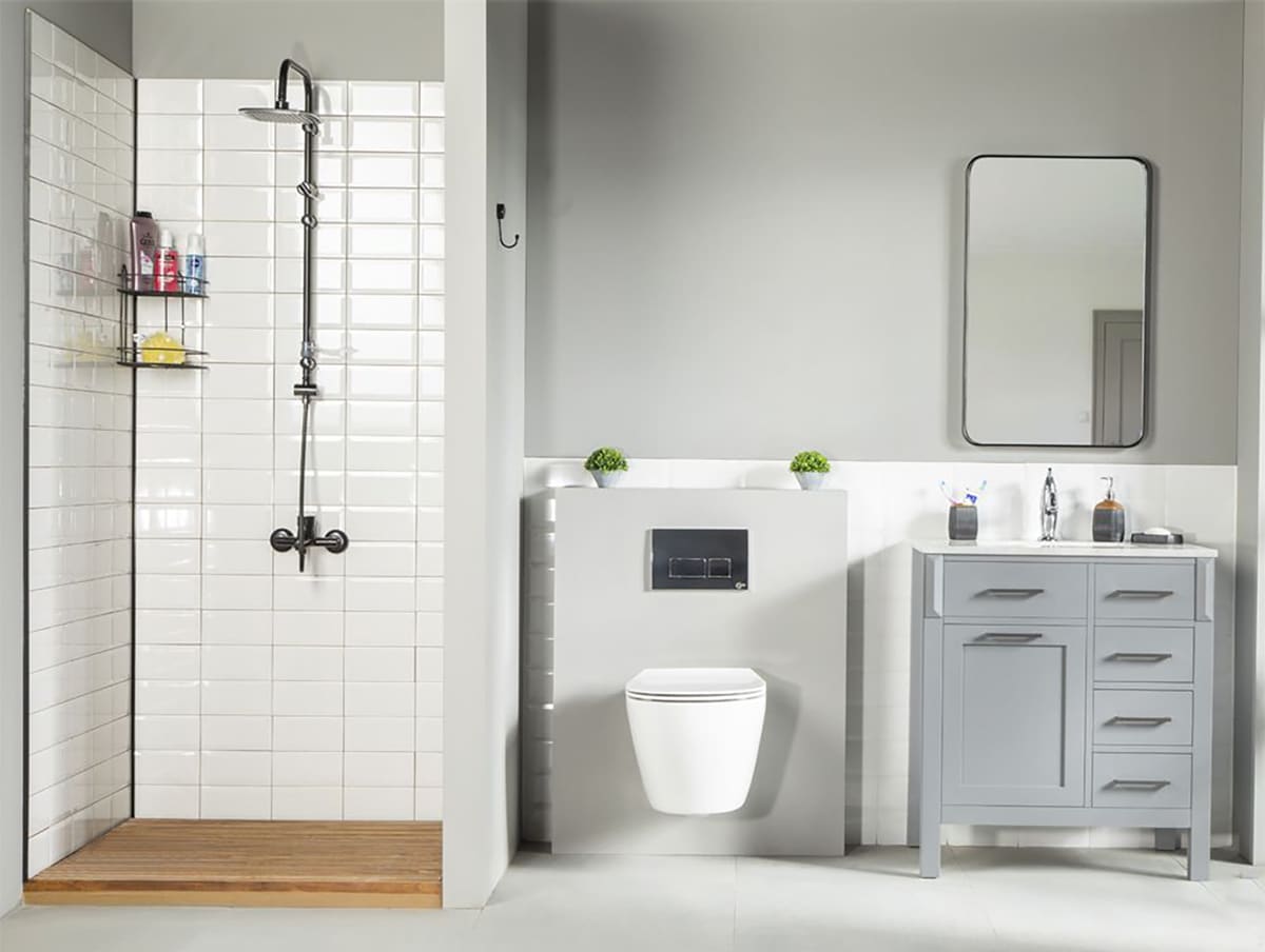 otto brand grey single sink bathroom vanities beside toilet and shower