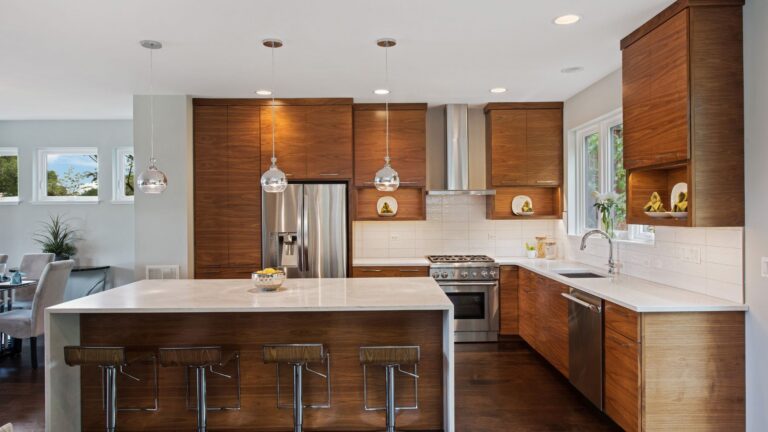 Brown kitchen design with white countertop