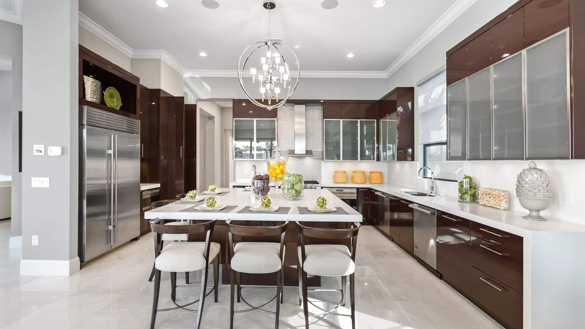 Platinum deal luxurious brown kitchen with white quartz countertop