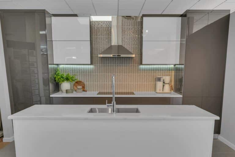 brown and white modern kitchen cabinet with white countertop kitchen design