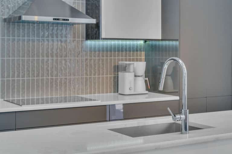 brown and white modern kitchen cabinet with white countertop kitchen design