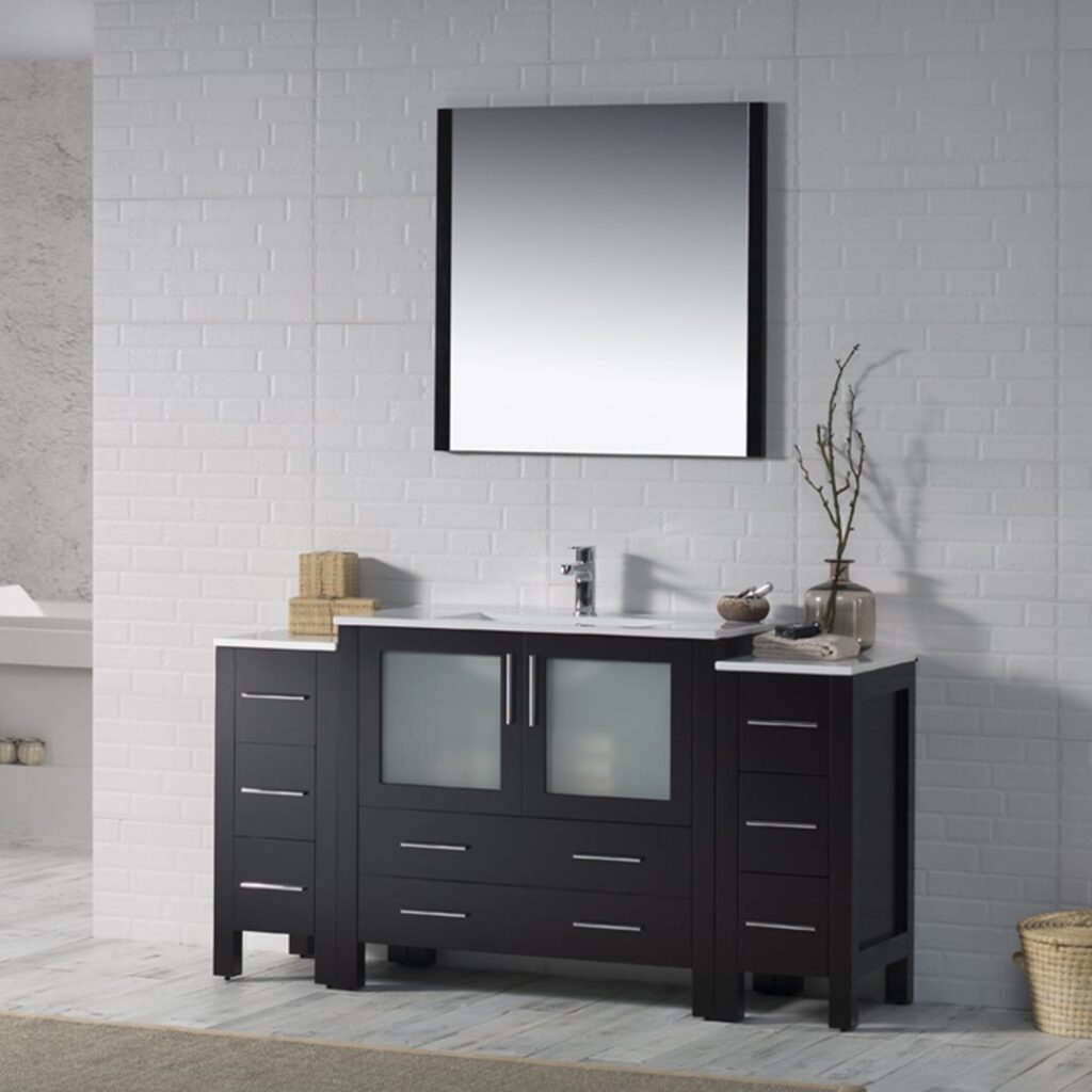 Dark brown free-standing vanity with white countertop