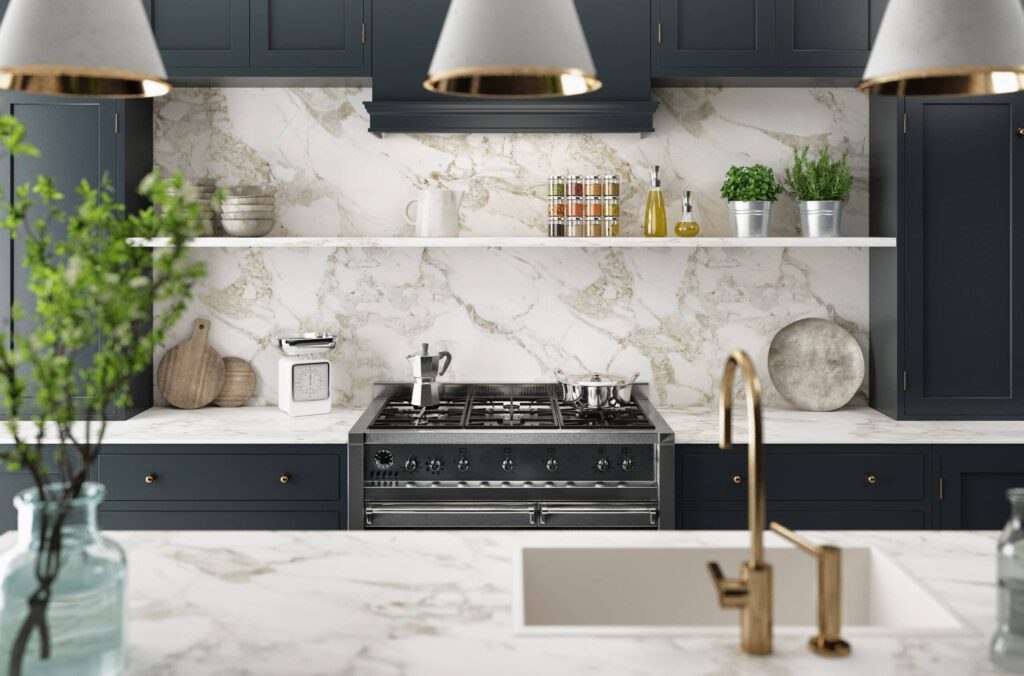Open shelving kitchen style with luxury backsplash and countertop