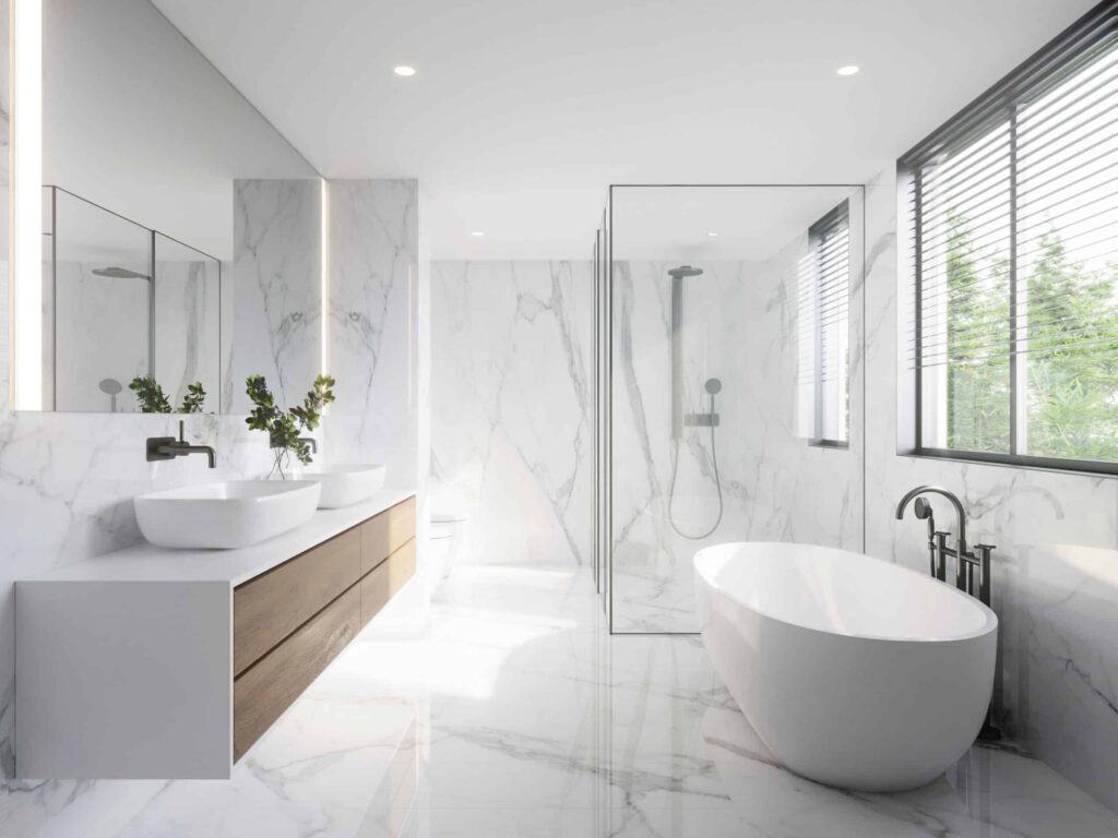 Modern white bathroom style with floating vanity, bath tub, and a shower