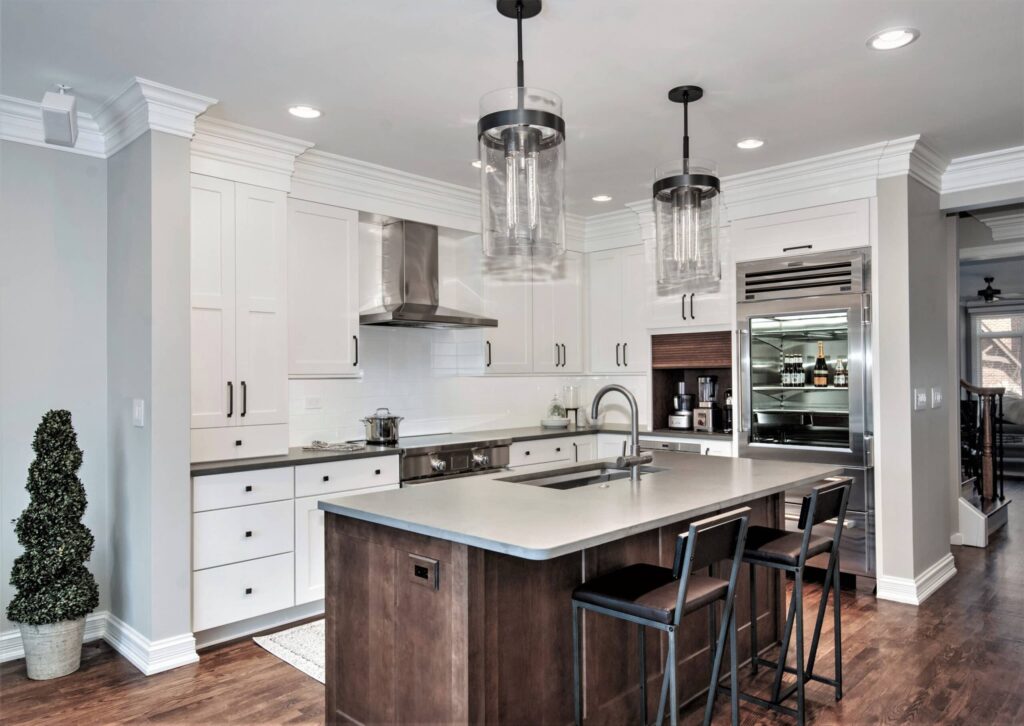 WoodHarbor White kitchen cabinet with black countertop