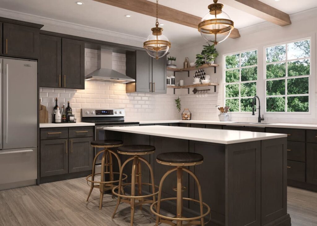 CNC dark brown kitchen cabinets with white countertops