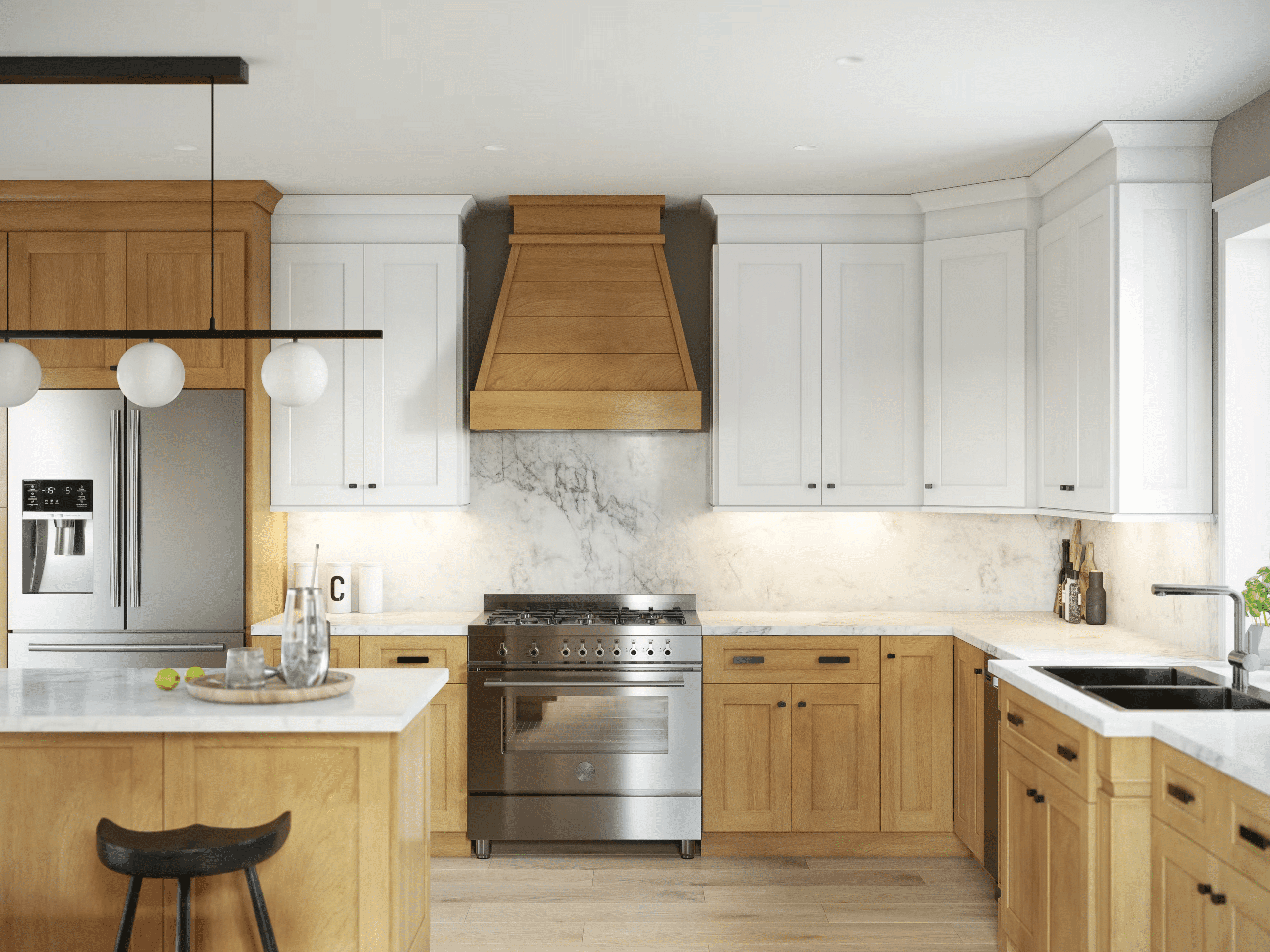 Modern kitchen with natural oak and white kitchen cabinets and white countertop