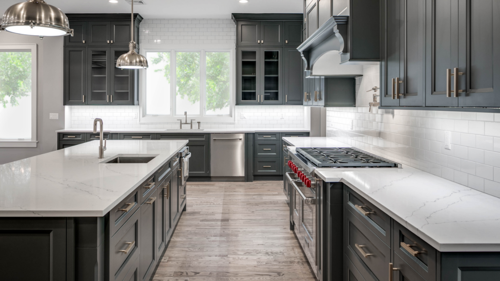 St. Martin dark grey kitchen cabinets with white countertop