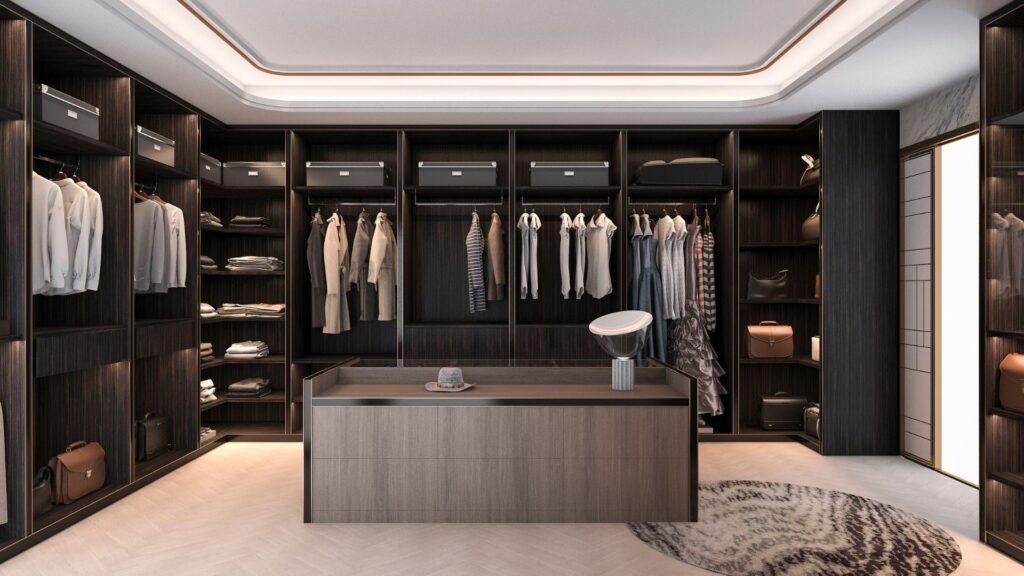 Dark custom closet with beige flooring
