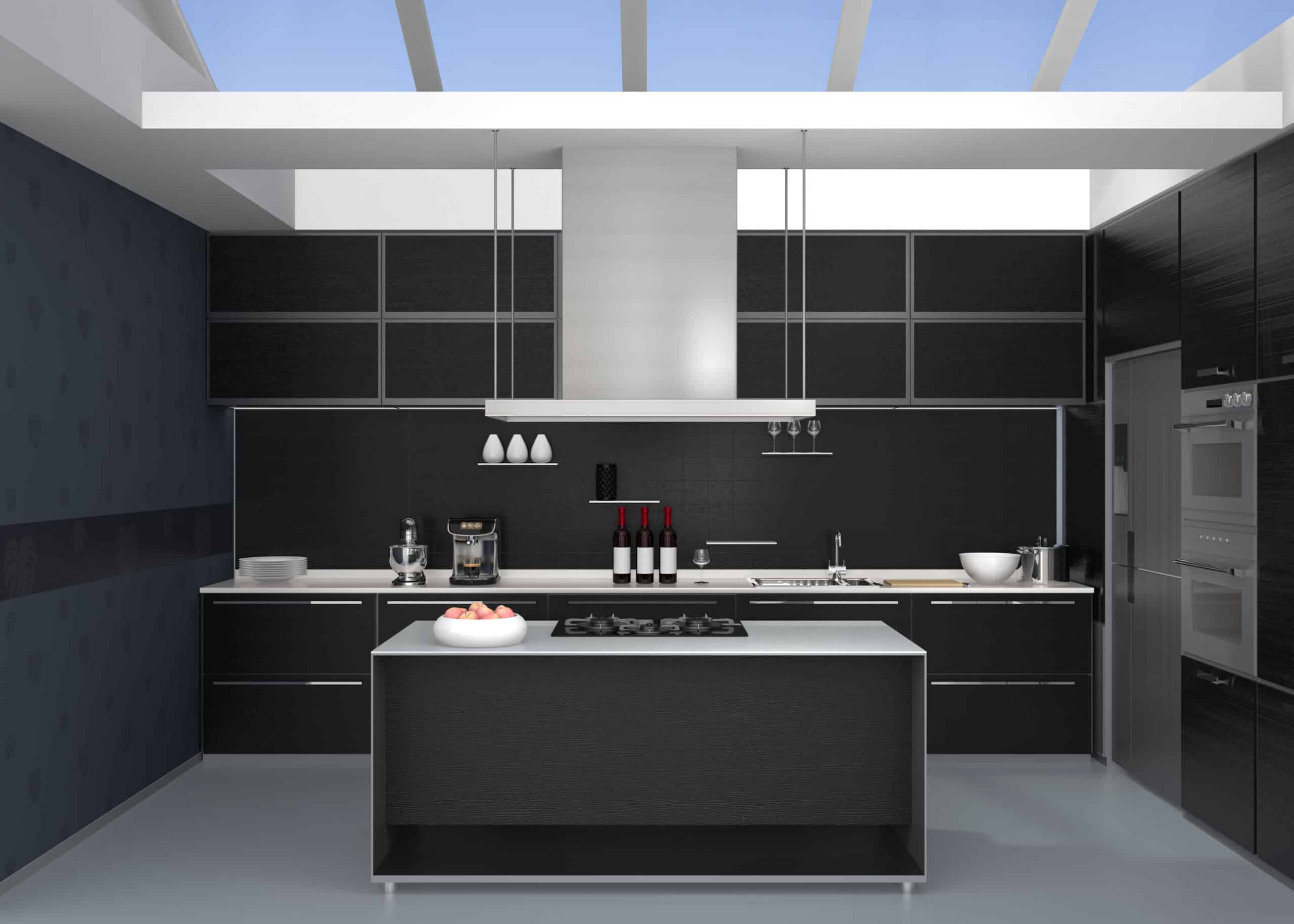 Modern kitchen interior with smart appliances in black color coordination. 3D rendering image.