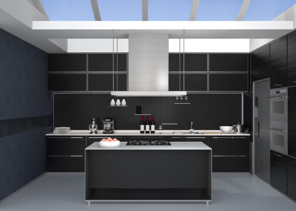 Dark kitchen design with tile walls, black cabinets, and white countertop