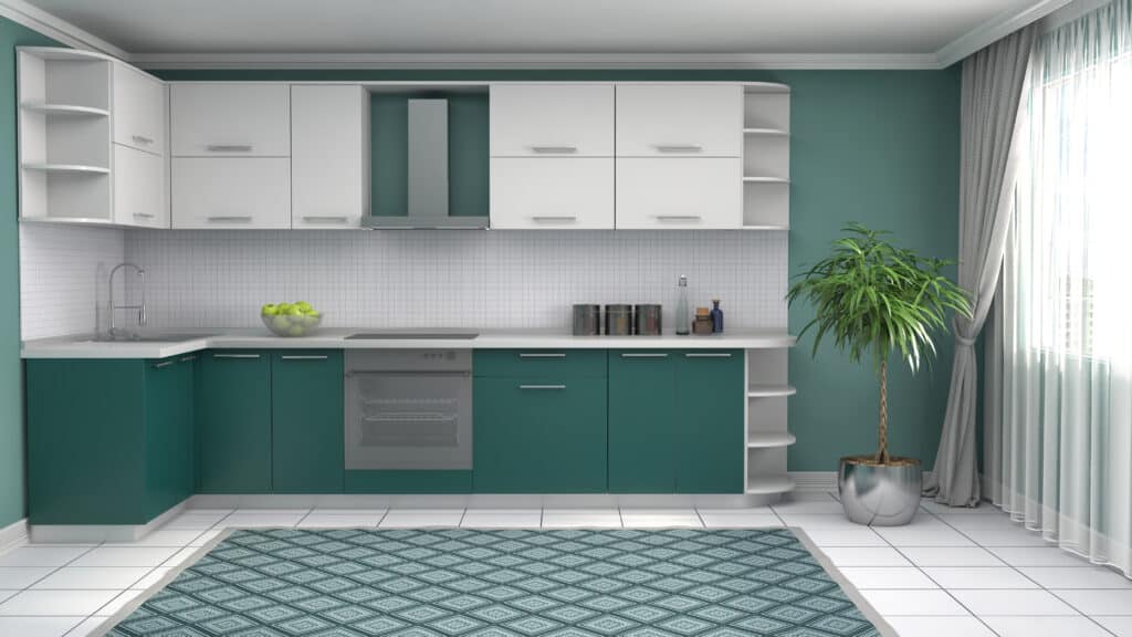 Clean looking kitchen design with teal and white cabinets