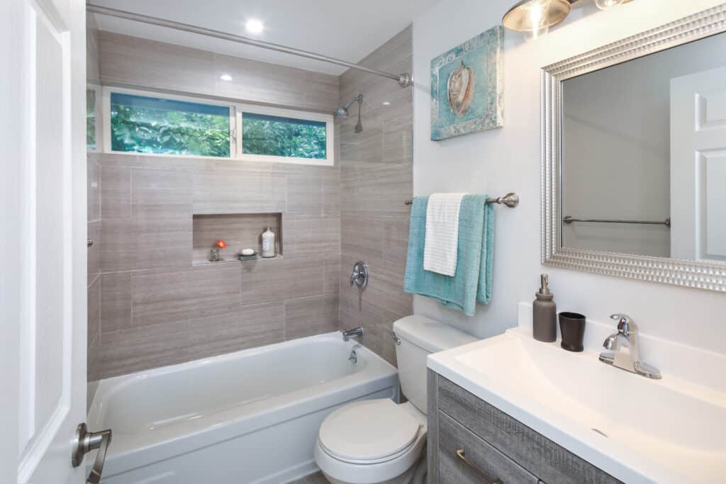 Contemporary bathroom with grey cabinet, a bath tub with shower, and a toilet