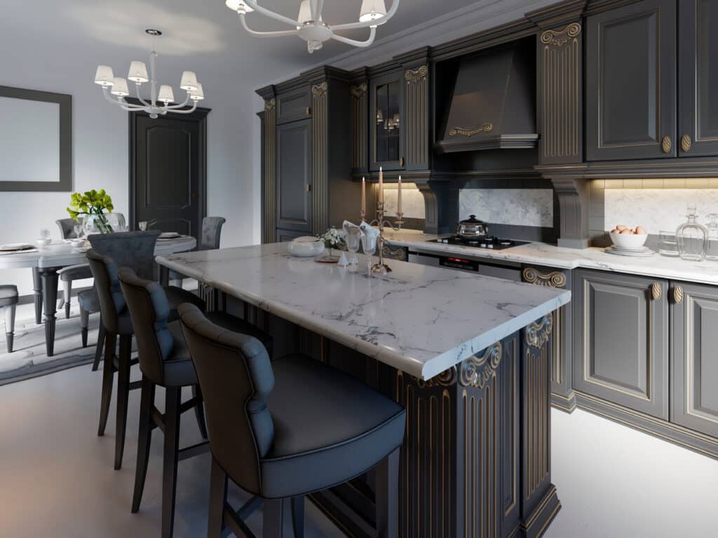 Elegant and luxury dark kitchen style with transitional cabinets and white countertop