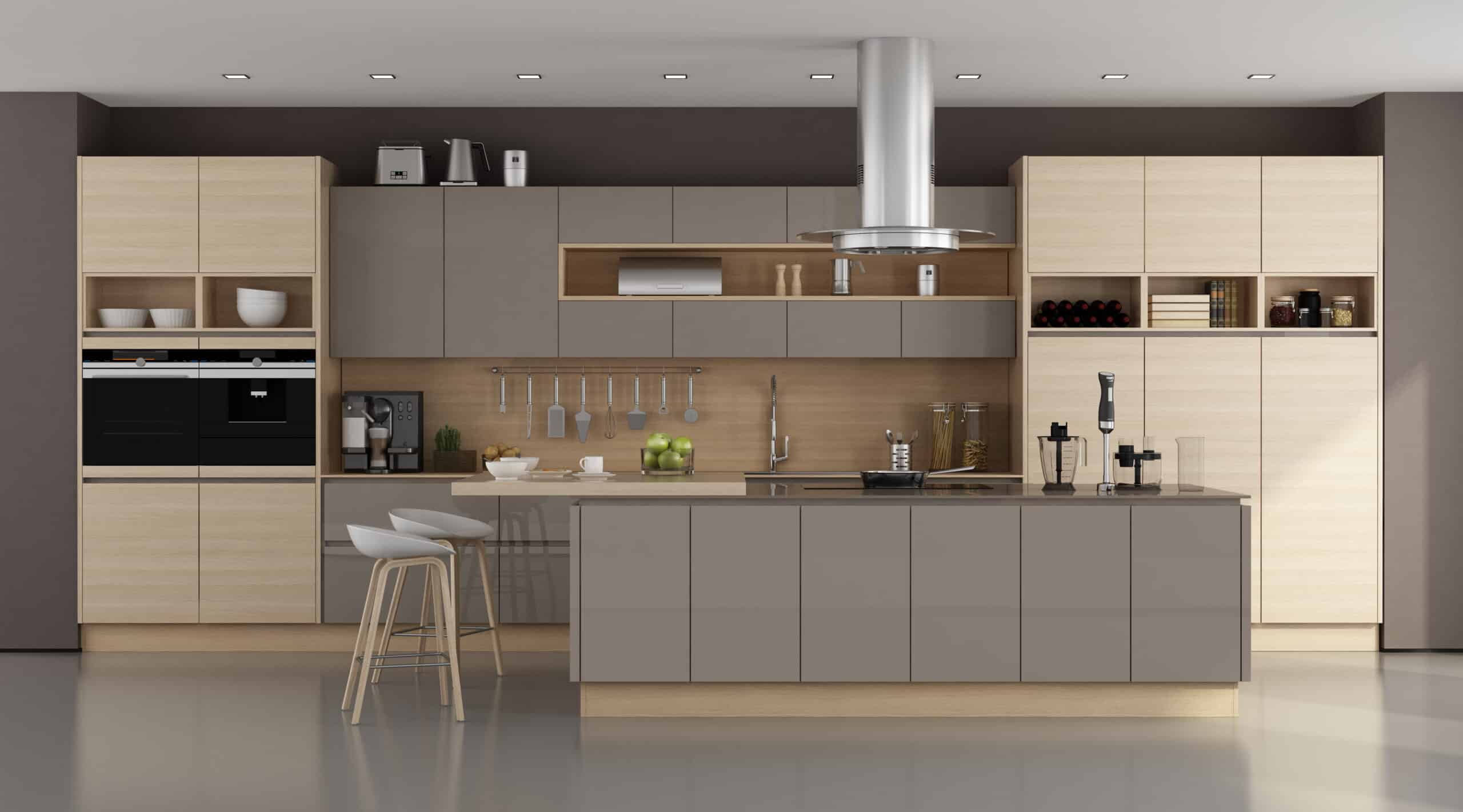 Wooden and brown modern kitchen with island - 3d rendering