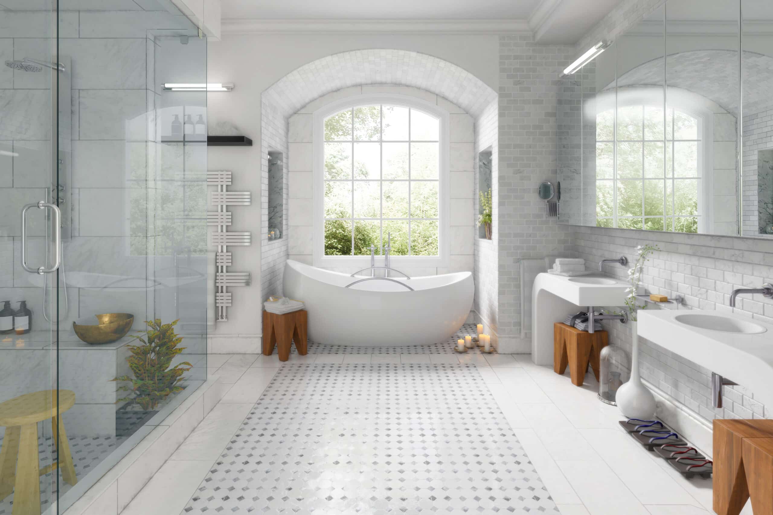 Spacious white bathroom design using marble and stone tiles for its flooring and surround