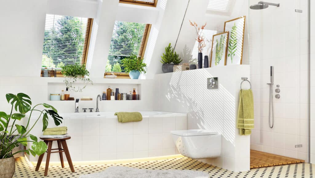 Mediterranean bathroom style with a bath tub, floating toilet and a glass enclosed shower.