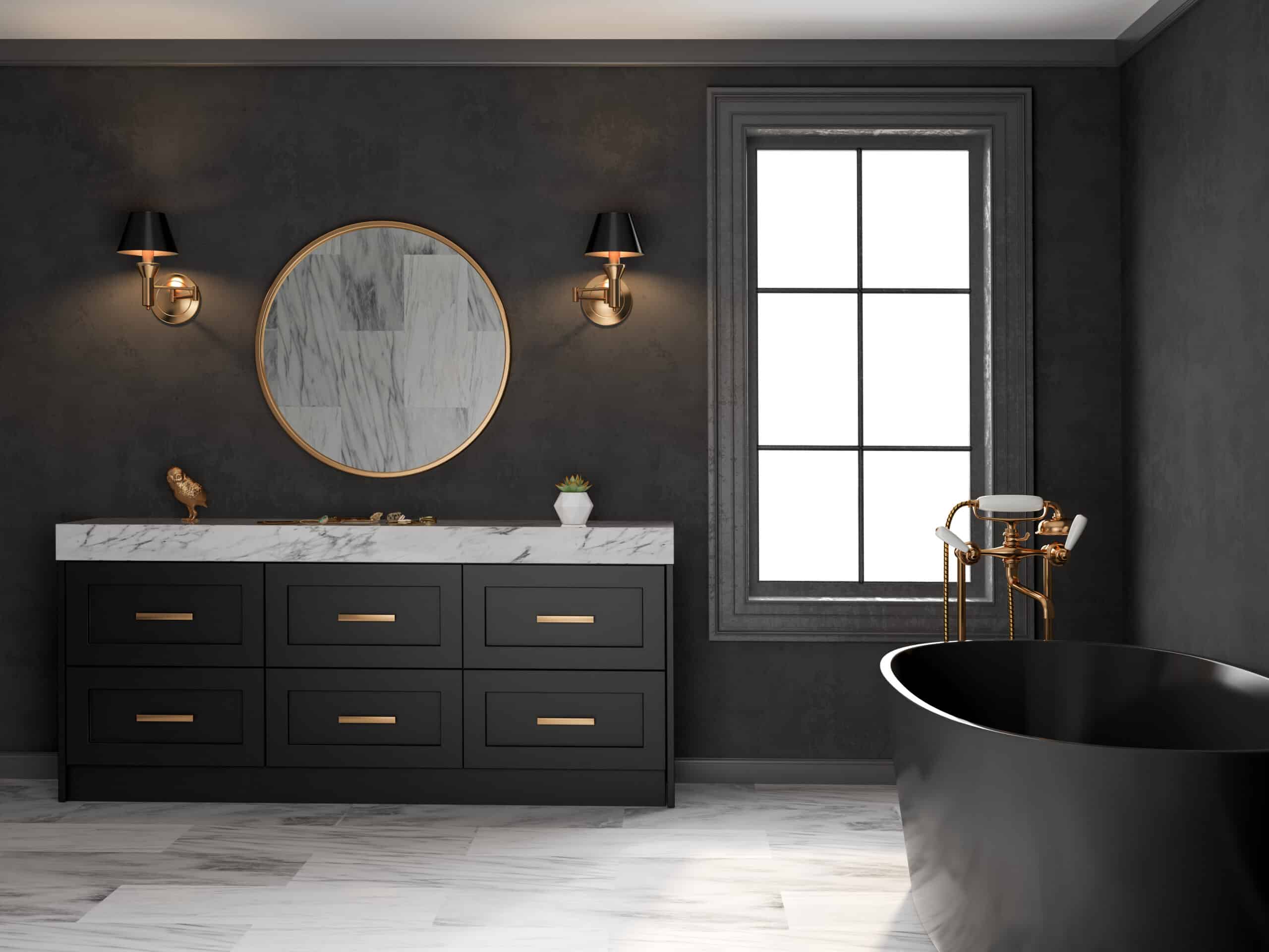 Black bathroom with black single sink vanity and white countertop