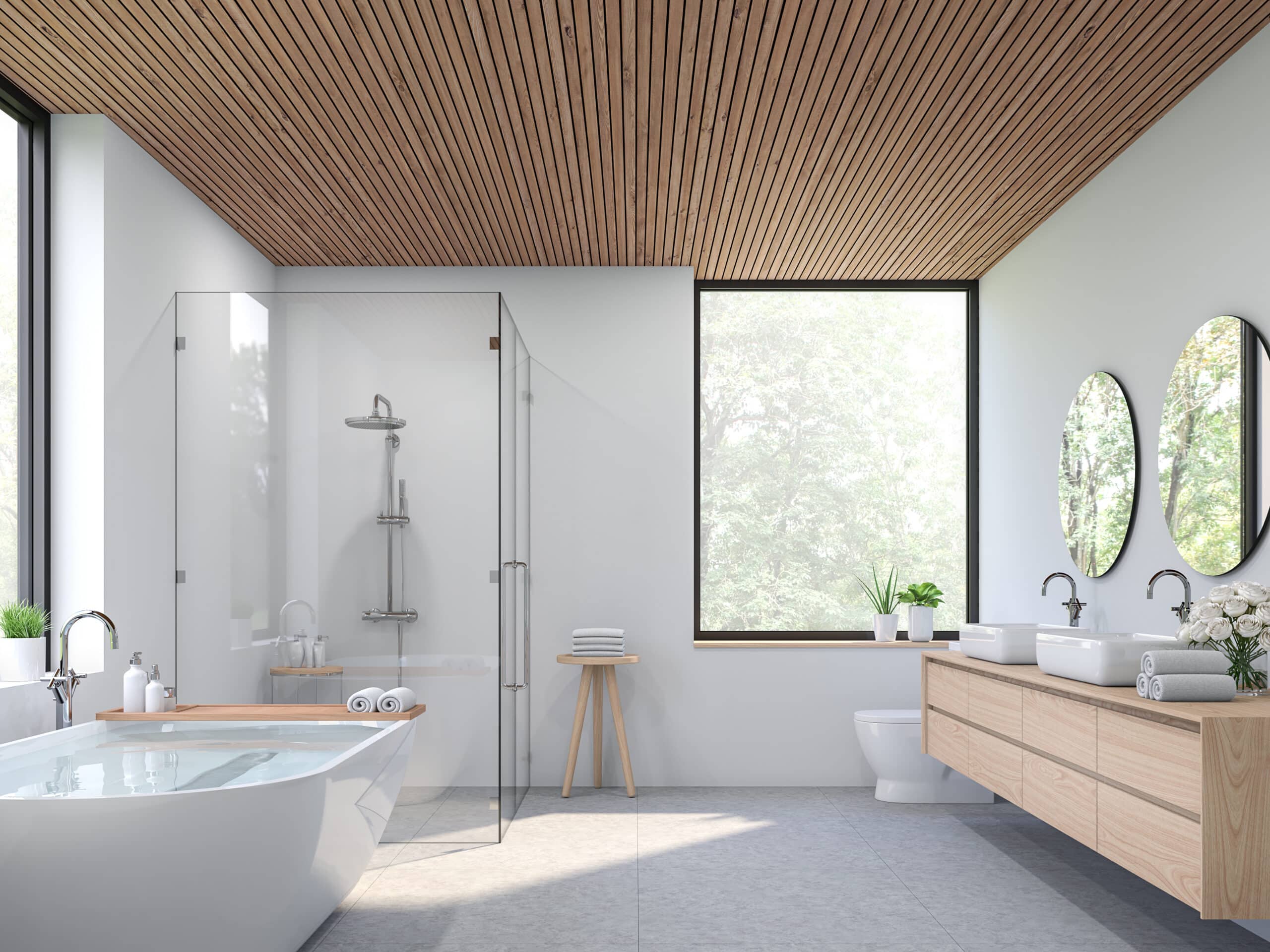 Modern contemporary loft bathroom 3d render.there are concrete tile floor, white wall and wood plank ceiling ,There are large windows look out to see the nature view.