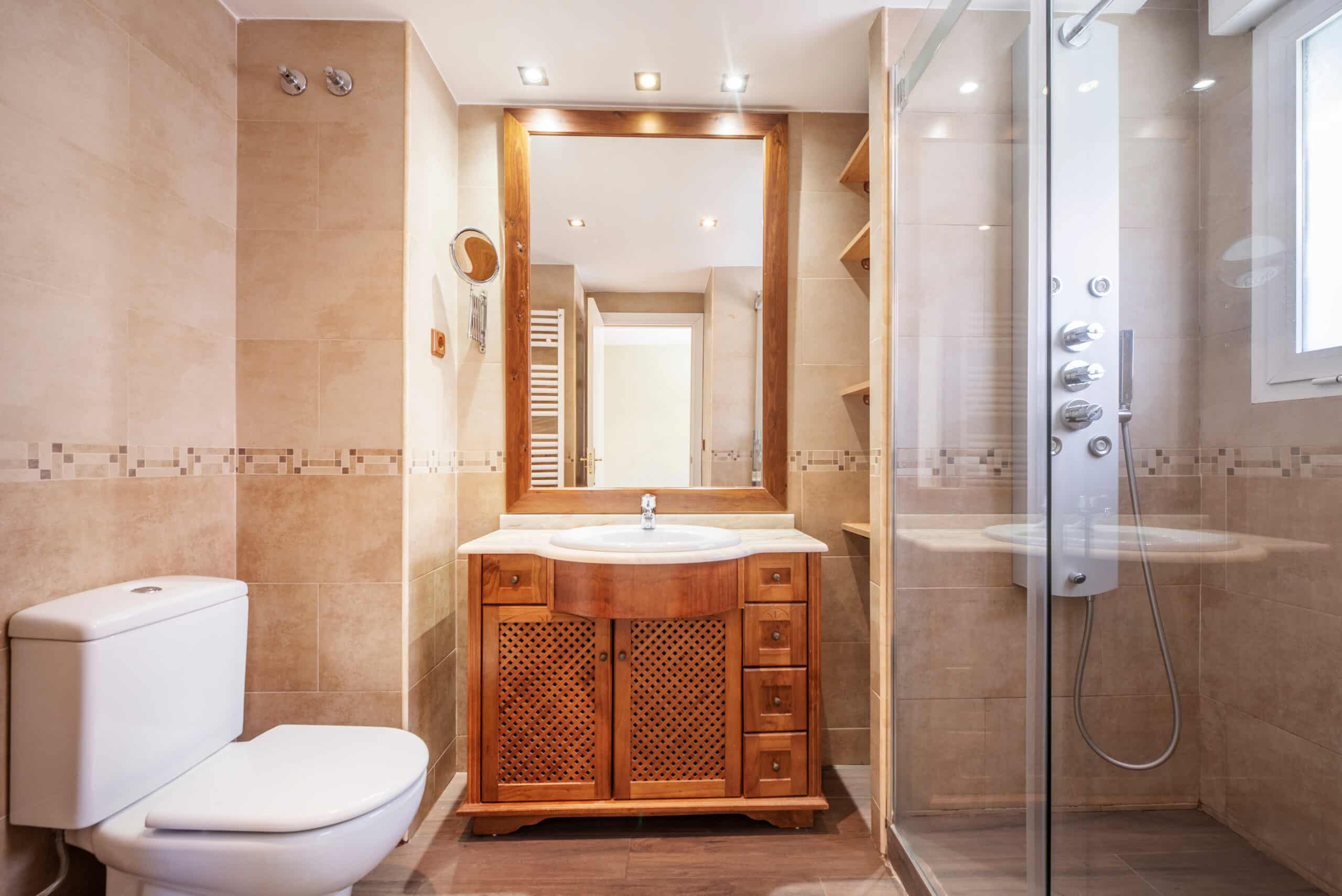 toilet with wooden slatted cabinet, rectangular mirror and steam jet shower