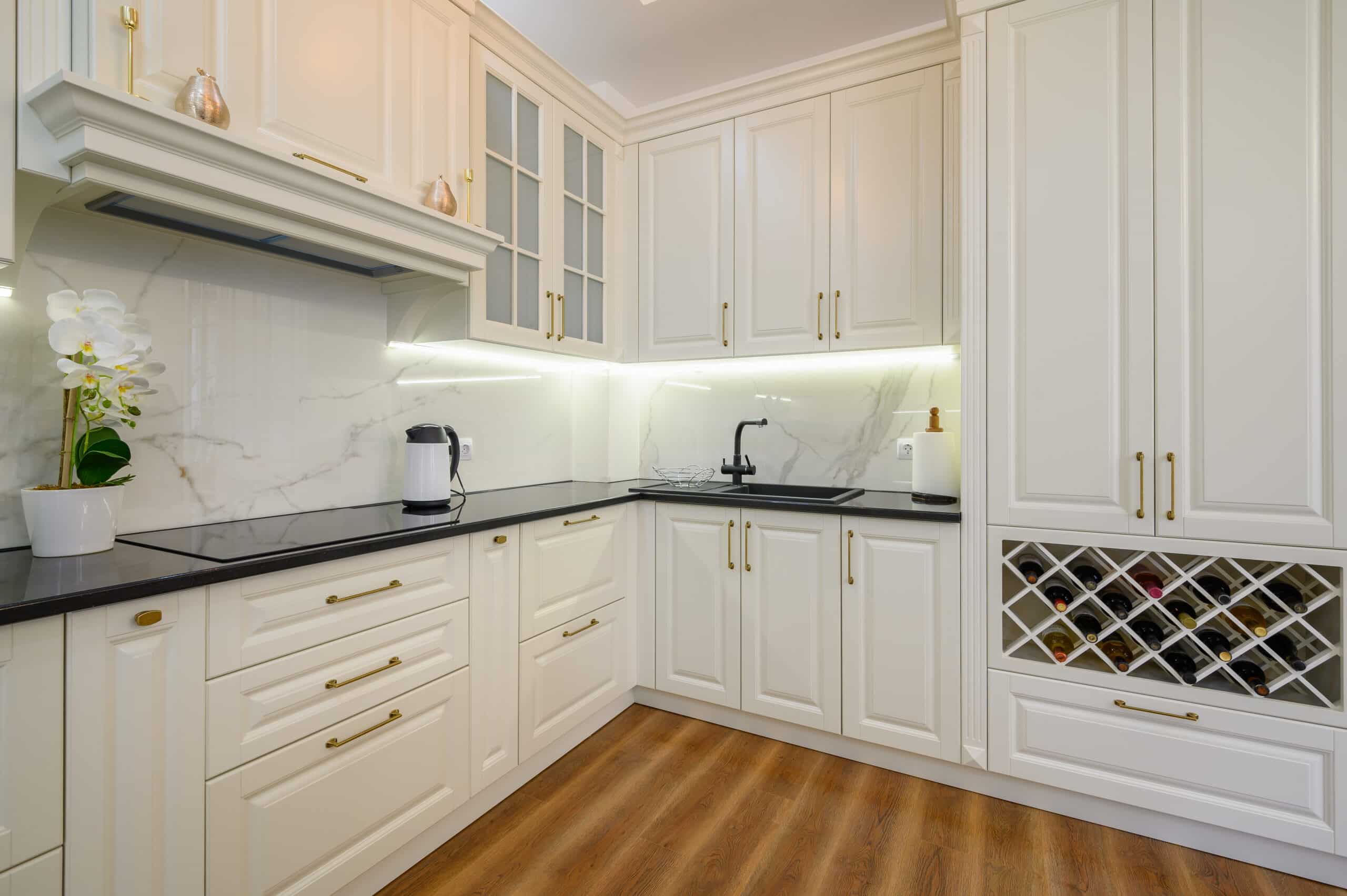 White luxury modern classic kitchen furniture with wine rack, corner view