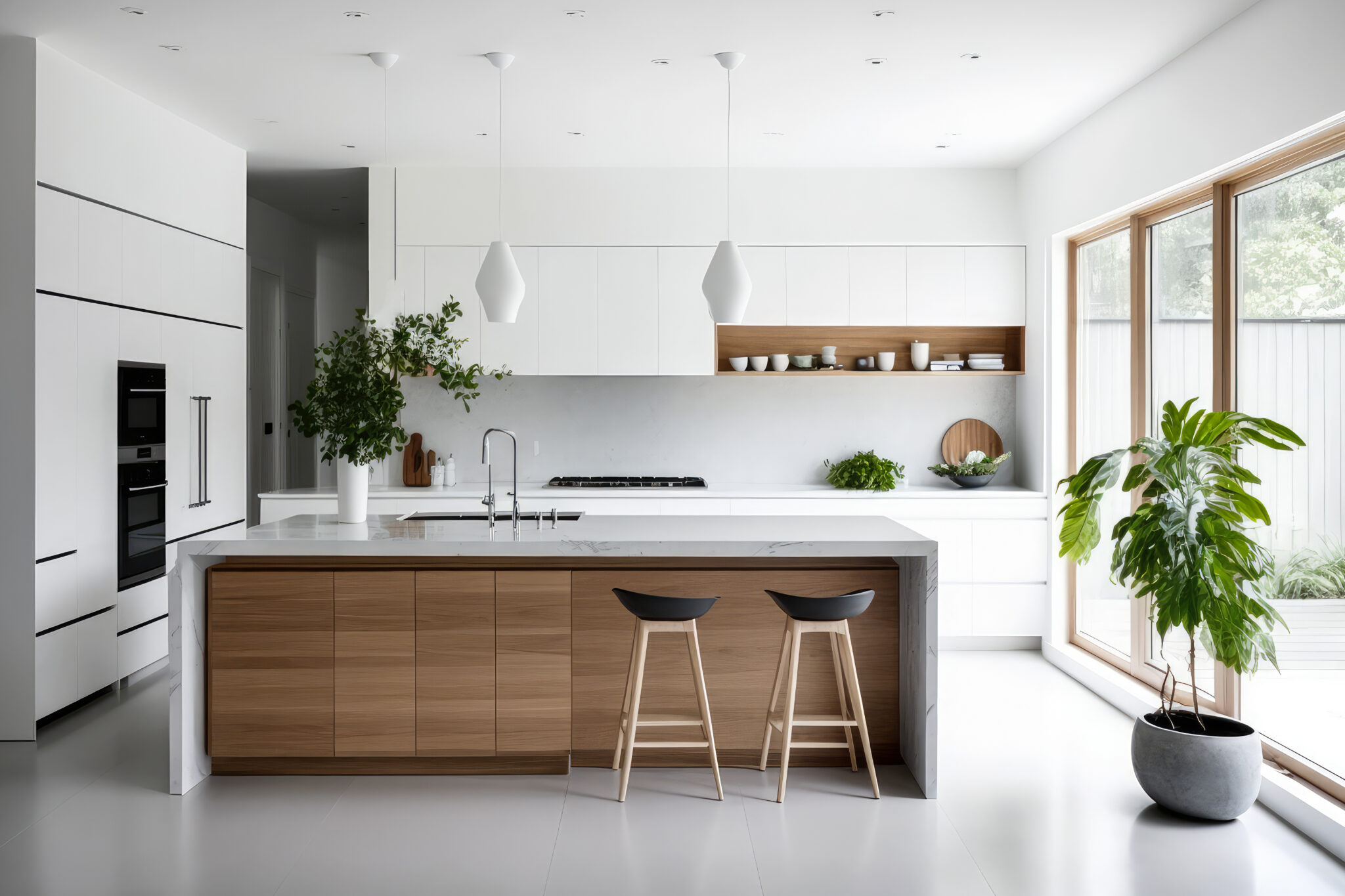 Timeless minimalist kitchen design with a wooden island and whit