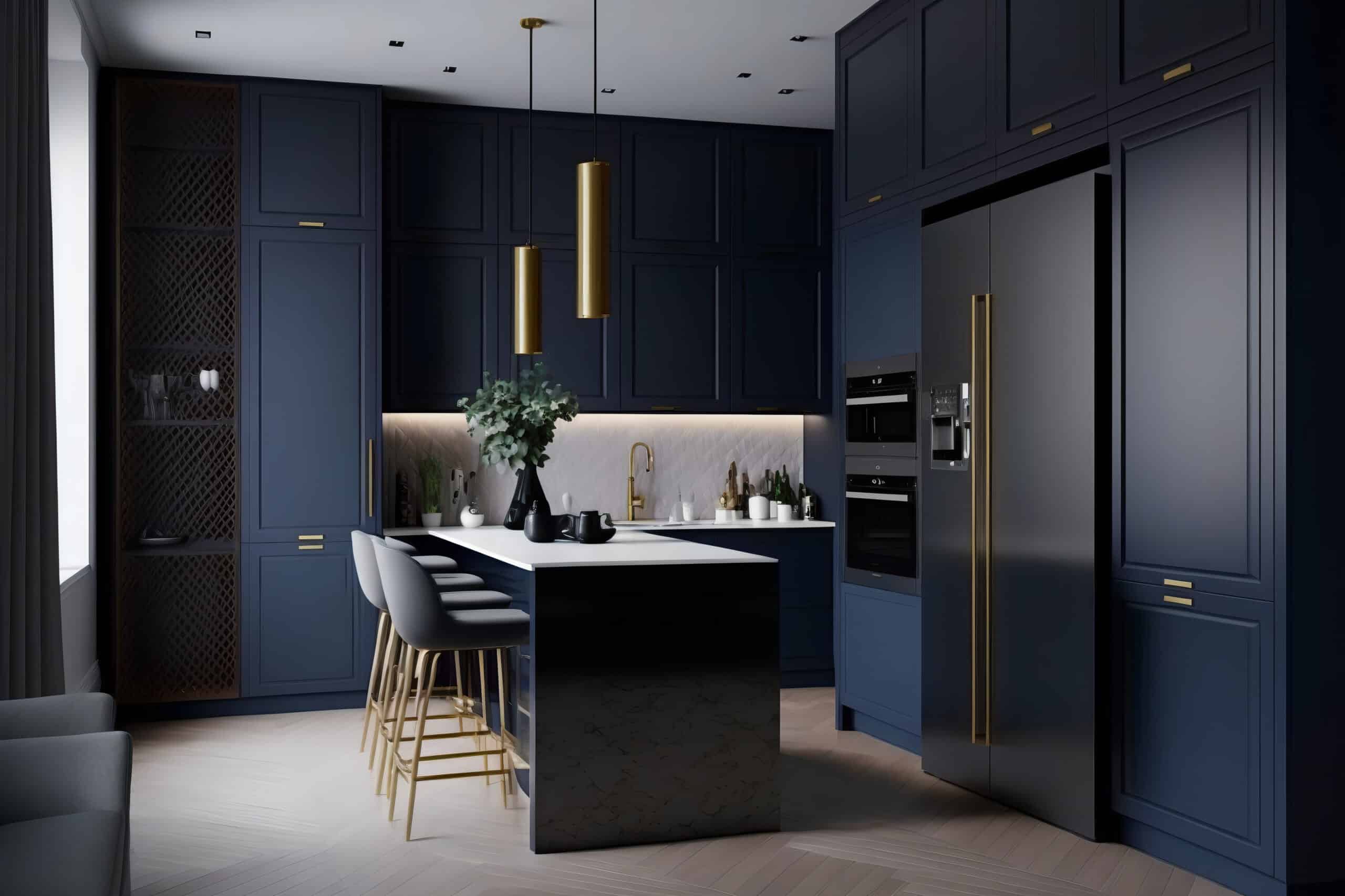 Navy blue kitchen style with elegant cabinets and white countertop