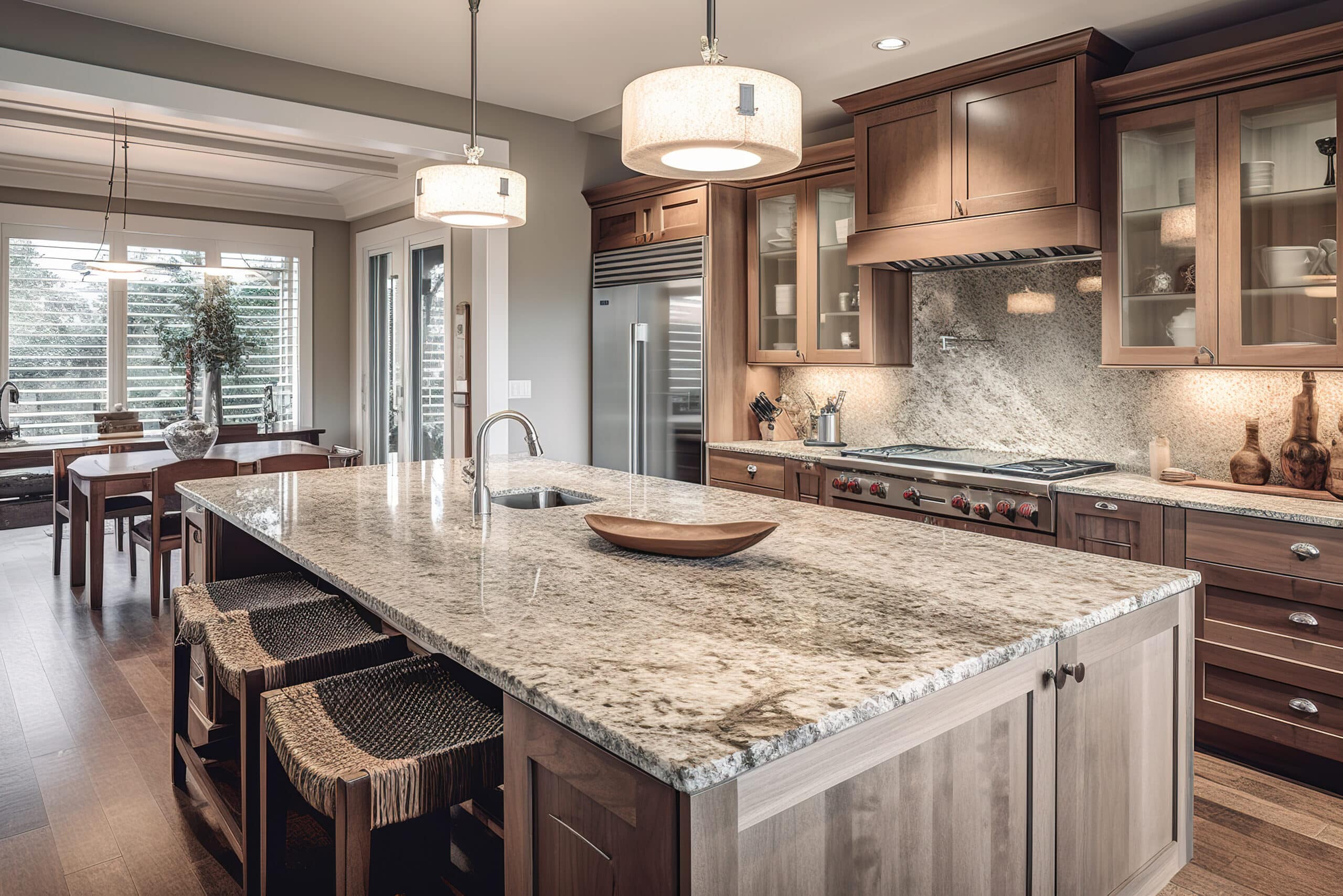 Interior design of a luxury kitchen with an island and granite c