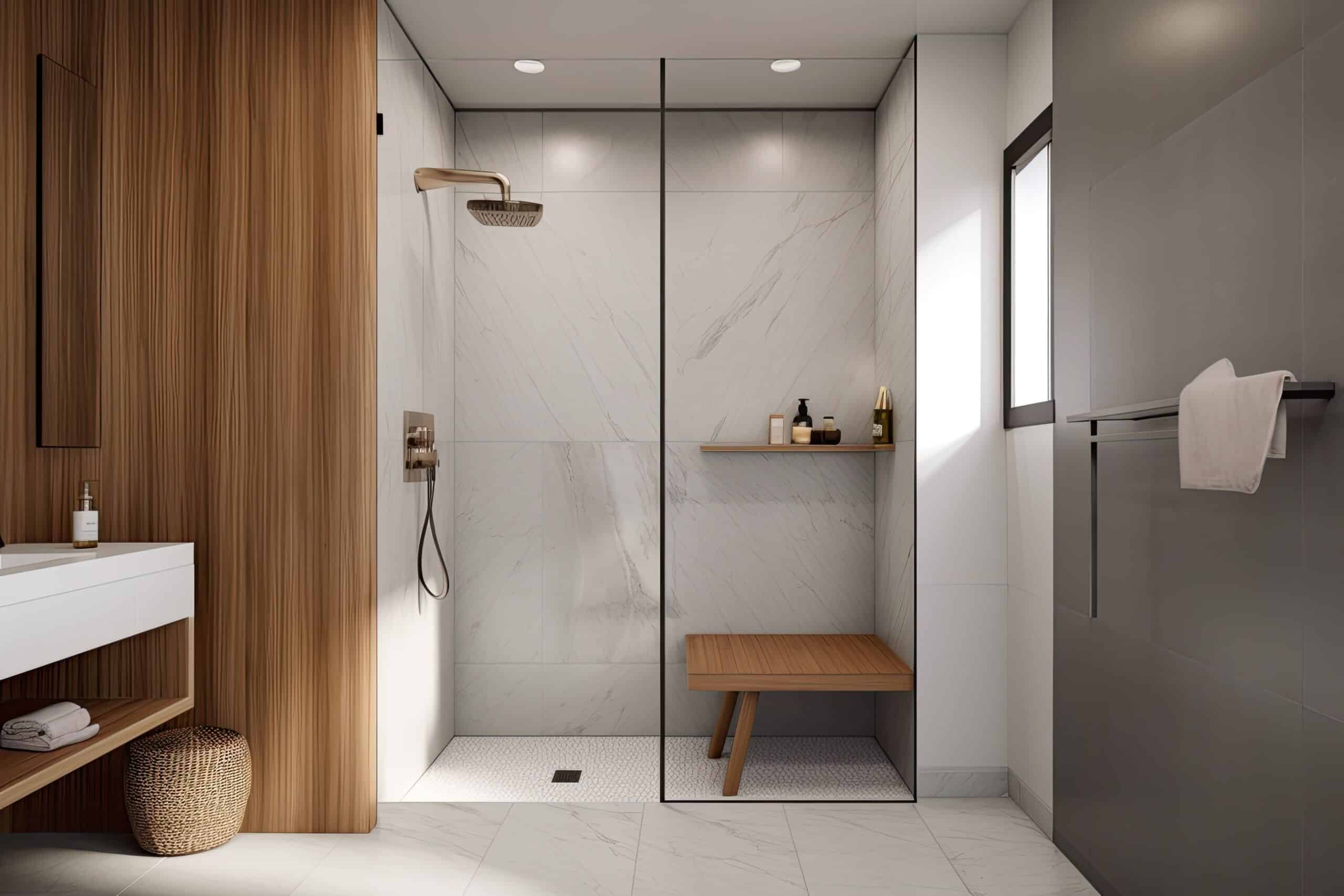 minimal design walk shower are simplicity, functionality, and clean lines with a focus on natural materials and subdued colors - Generated AI