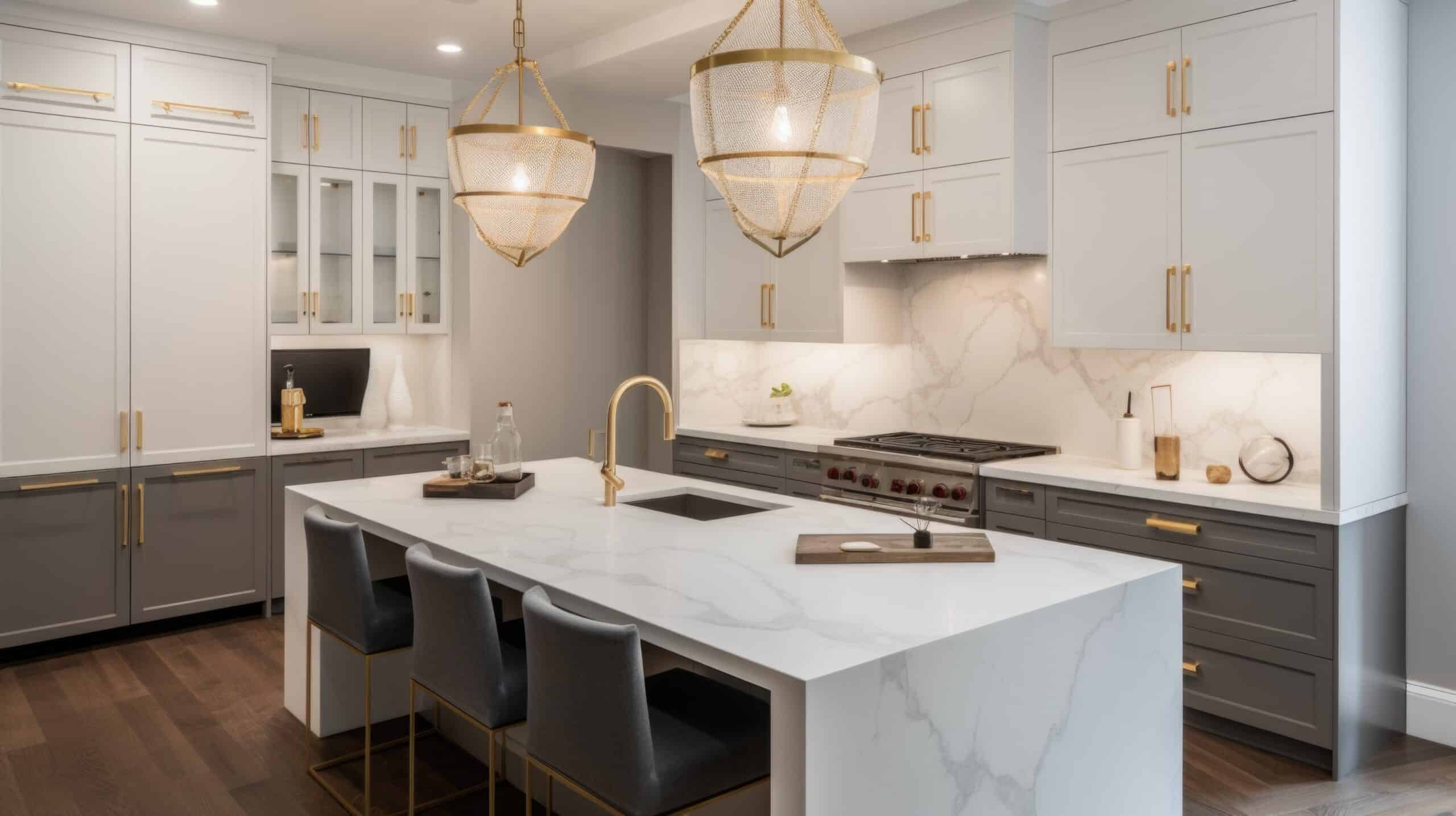 Interior design of Kitchen in Transitional style with Marble Backsplash decorated with Brass Hardware, Wood Flooring material. Modern architecture. Generative AI AIG24.
