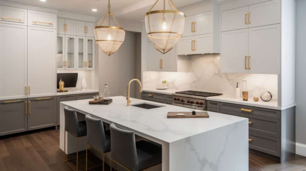 Interior design of Kitchen in Transitional style with Marble Backsplash decorated with Brass Hardware, Wood Flooring material. Modern architecture.